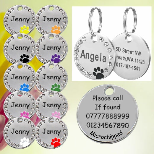 Diamante Round Pet id Tags with Paw Motif - Pet-id-tags.co.uk