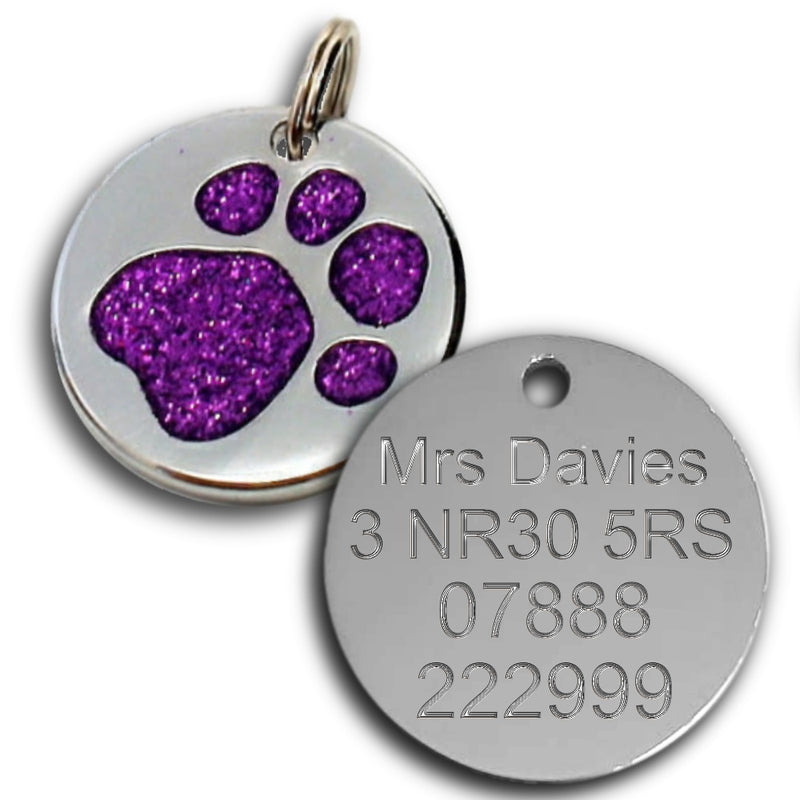 Glitter Pet id Tag 24mm with Paw Design - Pet-id-tags.co.uk