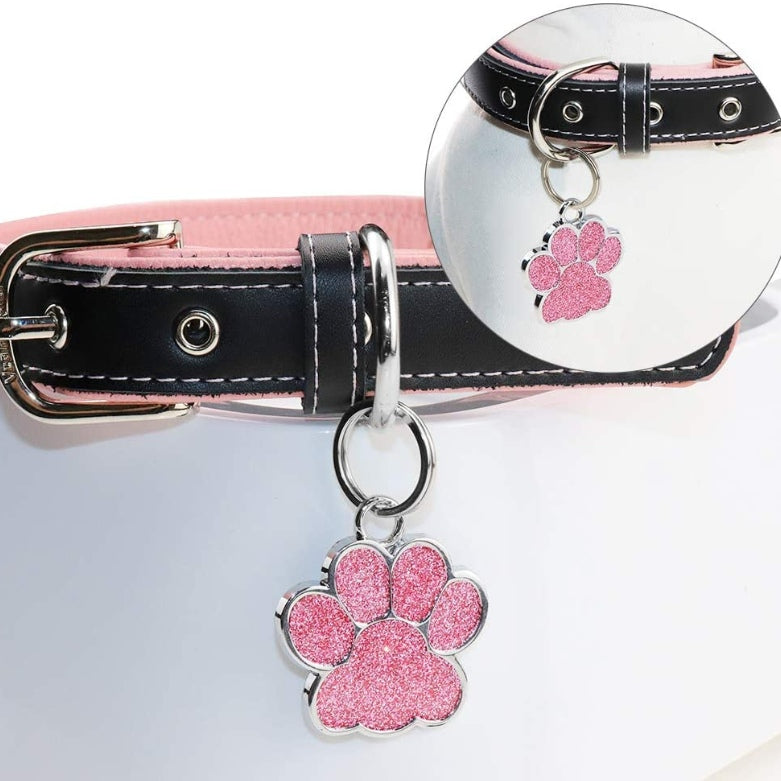Glitter paw shape pet id tags pink