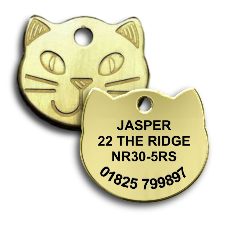 Cat collar id tag Brass Cat face - Pet-id-tags.co.uk