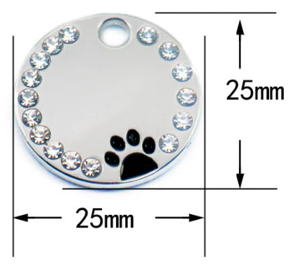 Diamante Round Pet id Tags with Paw Motif - Pet-id-tags.co.uk