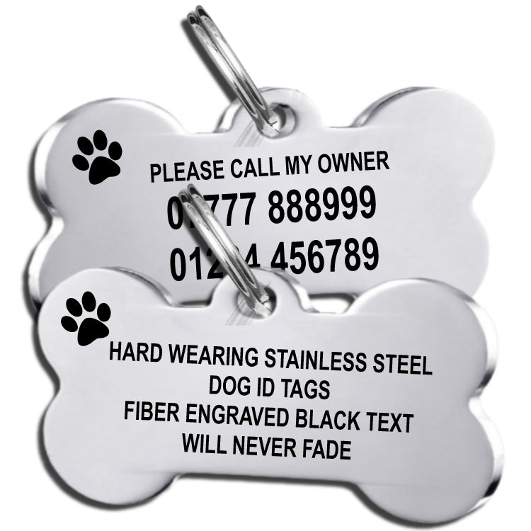 Stainless Steel Bone Shape Dog id Tag with Black Text - Pet-id-tags.co.uk
